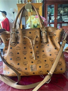 MCM Cognac Logo Visetos Drawstring Shoulder Bag